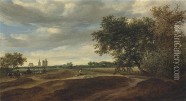A Wooded Landscape With A Herdsman On Horseback Driving His Cattle And Shepherds With Their Flock, A Man Walking His Dogs In The Dunes, A Village With The Ruins Of Egmond Abbey Beyond Oil Painting - Salomon van Ruysdael