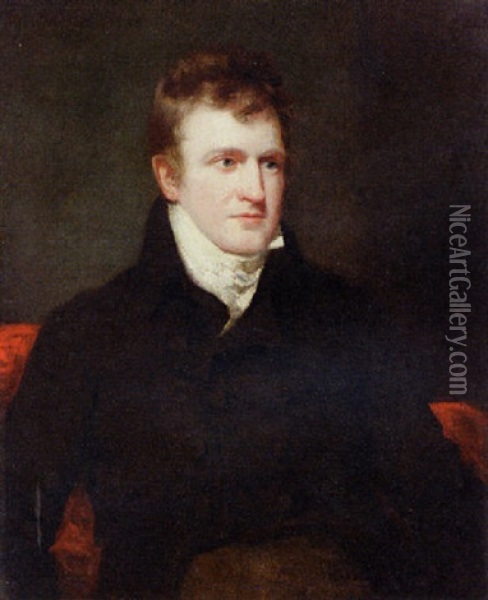 Portrait Of A Gentleman, Wearing A Brown Jacket Oil Painting - William Owen