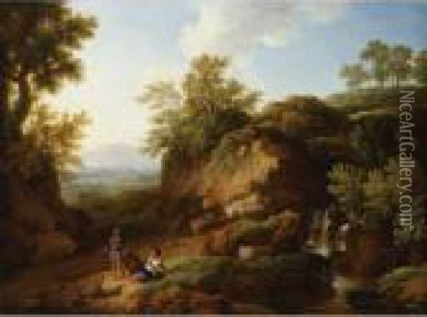 A Rocky River Landscape With Three Figures Conversing In The Foreground Oil Painting - Christian Wilhelm Ernst Dietrich
