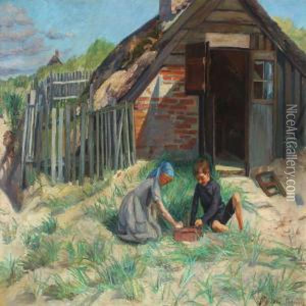 Dunes With Playing Children In Front Of A Cottage Oil Painting - Maria Christine Thymann