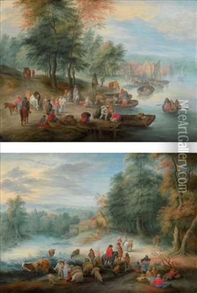 A River Landscape With Men Unloading Cargo Onto The Shore (+ A River Landscape With Horsemen And Other Travellers On A Road; Pair) Oil Painting - Theobald Michau