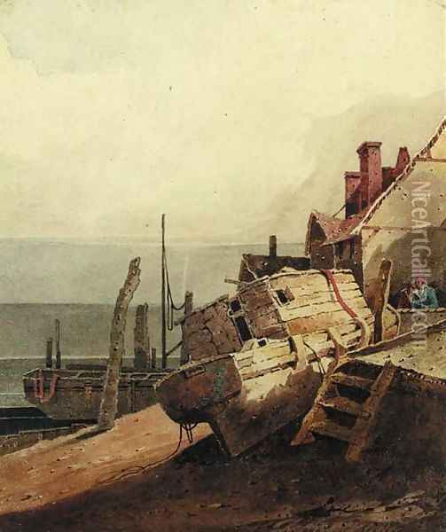 A beached fishing vessel, with fishermen beyond Oil Painting - Samuel Prout