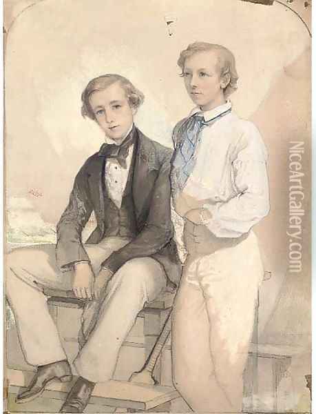 A portrait of Arthur and Kenneth Deighton with their cricket bat Oil Painting - Albert Ludovici