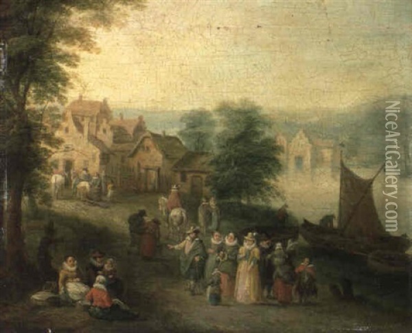 Elegant Company Greeting Peasant Women Oil Painting - Karel Beschey