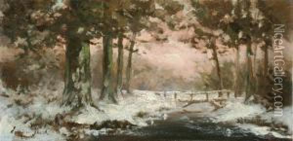 Forest With Streamand Wooden Bridge In Winter Oil Painting - Louis Willem Van Soest