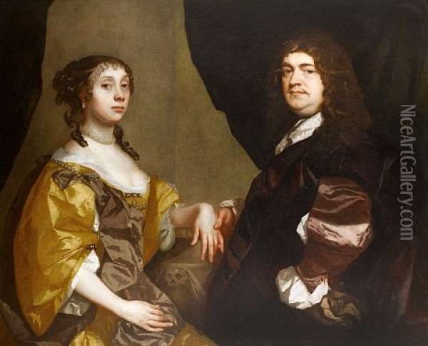 Portrait Of A Gentleman And His Wife He Wearing A Brown Tunic And Cloak And She Wearing A Yellow Satin Dress Oil Painting - Pieter Borsseler