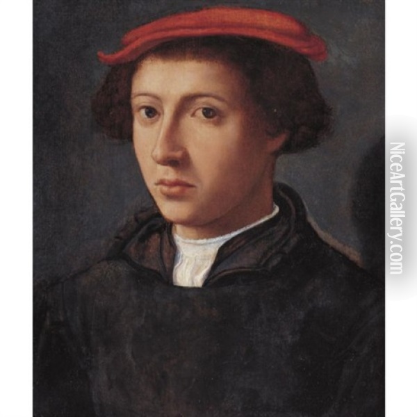 Portrait Of A Young Man, Bust Length Turned Slightly To The Left, Wearing A Red Cap Oil Painting - Dirck Jacobsz