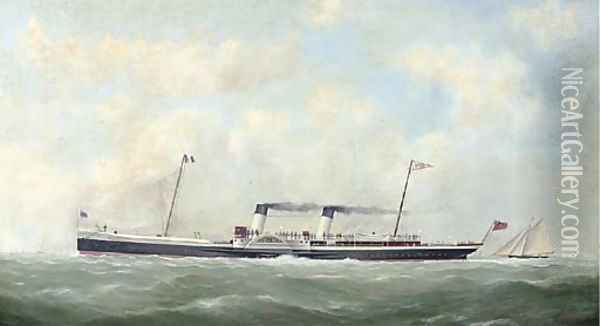 The cross-Channel paddlesteamer Paris (II) outward bound for France with a racing cutter astern of her Oil Painting - George Mears