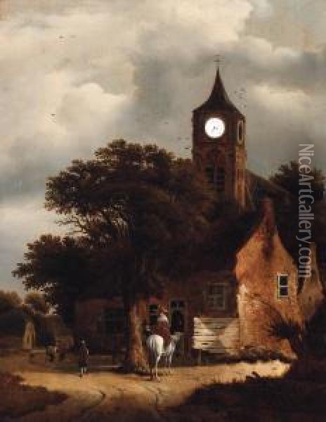 Travellers At An Inn On The Outskirts Of A Village, A Churchbeyond Oil Painting - Roelof van Vries