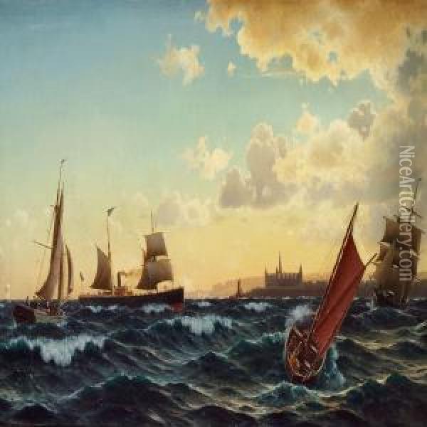 Sailing Ships In The Sound Near Kronborg Oil Painting - Christian Eckardt