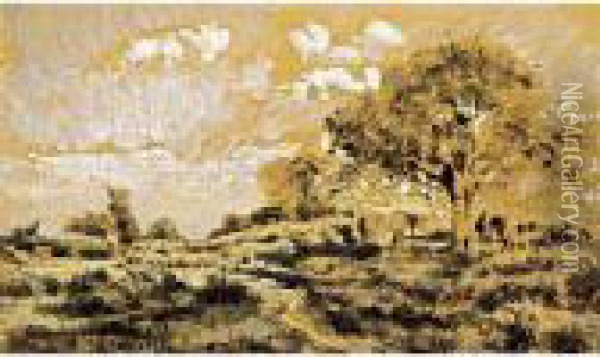 'sur Les Bords De La Durance, Ganagolie' Oil Painting - Adolphe Joseph Th. Monticelli