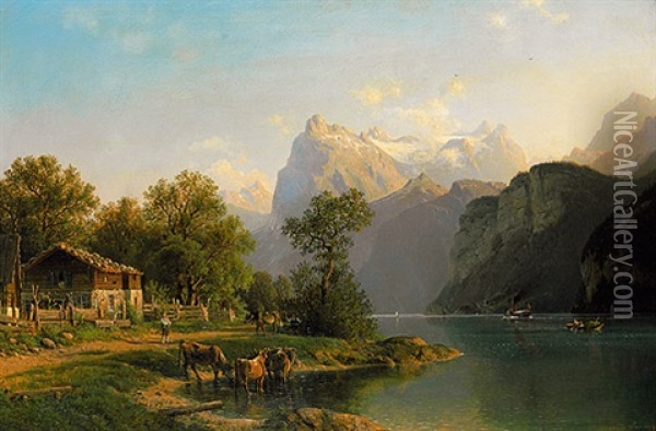 Blick Auf Den Vierwaldstatter See An Einem Prachtvollen Sommertag Oil Painting - Johannes Bartholomaeus Duntze