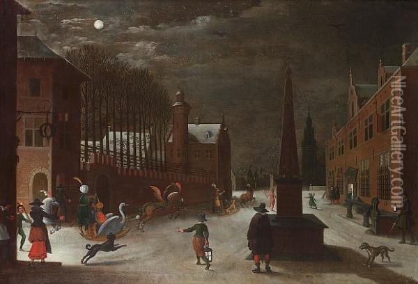 A Moonlit Winter Landscape With Figures In Horse-drawn Sledges And Townsfolk Looking On Oil Painting - Sebastien Vrancx