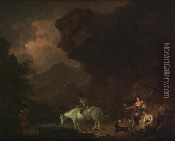 A Traveller Watering His Horse At A Stream With Washerwomen Nearby Oil Painting - Julius Caesar Ibbetson