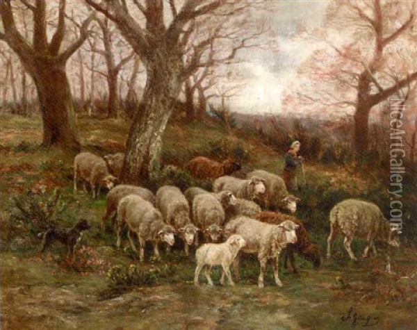 A Shepherdess And Her Flock In A Wooded Landscape Oil Painting - Charles Emile Jacque