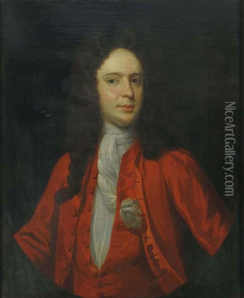 Portrait Of A Gentleman In A Red Coat And A White Cravat Oil Painting - Jonathan Richardson