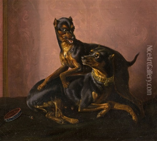 Zwei Zwergpinscher Oil Painting - Johann-Baptist Zwecker