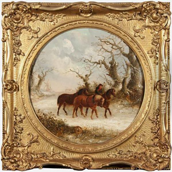 Waliking The Plough Horses Through A Snowy Landscape Oil Painting - Thomas Smythe