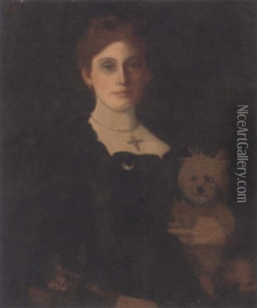 Portrait Of A Lady, Seated, In A Black Dress, Holding Her Dog Oil Painting - Maud Porter
