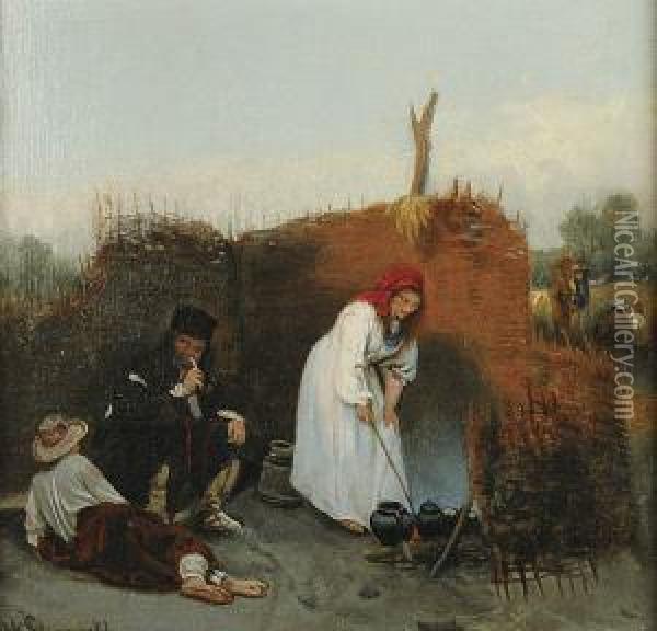 Przy Ognisku Oil Painting - August Wilhelm Stryowski