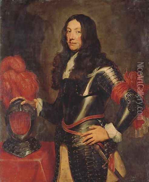 Portrait of a gentleman in armour, three-quarter-length, with a plumed helmet on a table beside Oil Painting - Sir Anthony Van Dyck