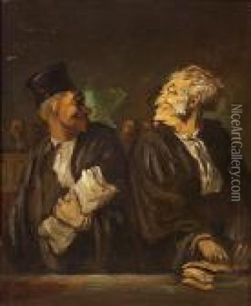Ascribed To : A Court Room Oil Painting - Honore Daumier
