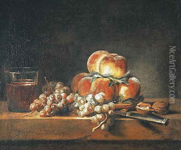 Still Life of Peaches, Nuts, Grapes and a Glass of Wine, 1758 Oil Painting - Jean-Baptiste-Simeon Chardin