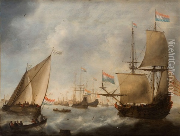 Navires Hollandais Devant Amsterdam Oil Painting - Jacob Adriaenz. Bellevois