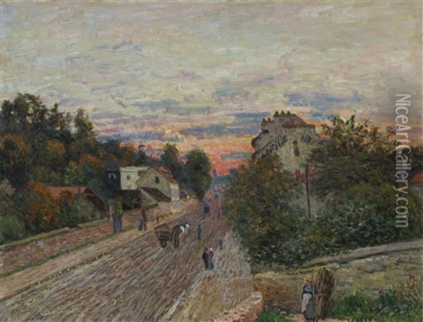 Coucher De Soleil, La Route De Versailles A Chavilles Oil Painting - Alfred Sisley