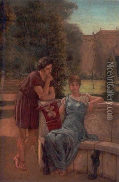 Couple In A Roman Garden Oil Painting - Philippe Rousseau
