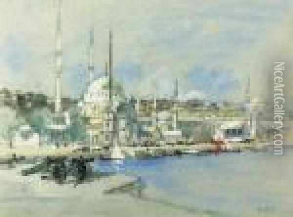 Probably The Suleymaniye Mosque 
With The Sultanahmet Mosque Beyond,on The Golden Horn's West Bank, 
Istanbul. Oil Painting - Hercules Brabazon Brabazon
