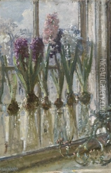 Opstilling Med Hyacinter I Glas I Vindueskarm Oil Painting - Viggo Johansen