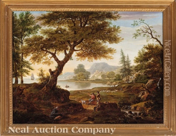 Pastoral Landscape With Shepherds And A Lake Oil Painting - Copleston Warre Bampfylde