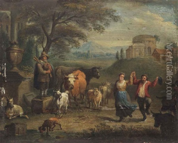 A Landscape With A Dancing Peasant Couple And Cattle, Classical Ruins Beyond Oil Painting - Theobald Michau