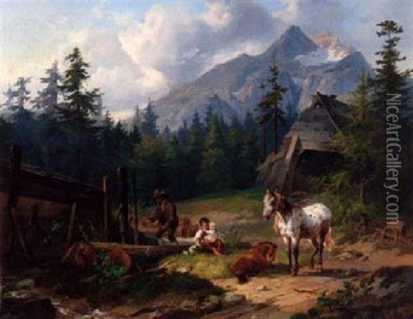 An Austrian Family In An Alpine Landscape Oil Painting - Joseph Heicke