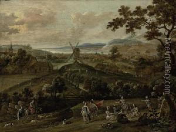 An Extensive Wooded River Landscape With Figures Courting And Merry Making, A Windmill Beyond Oil Painting - Jasper van der Lanen
