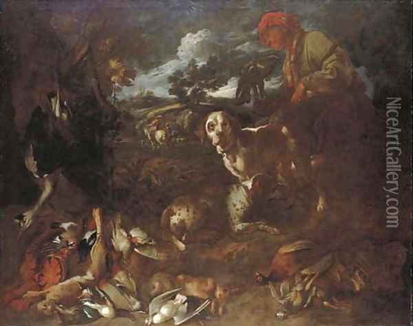 A wooded landscape with a falconer and two dogs with dead game, a huntsman beyond Oil Painting - Giovanni Francesco Castiglione
