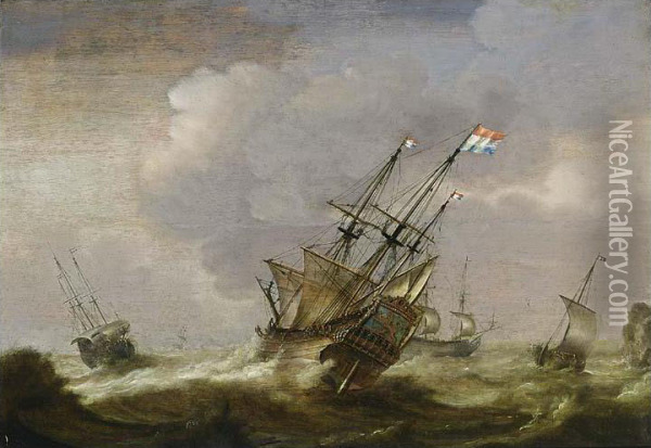 A Dutch Man-of-war And Other Ships In Stormy Seas Oil Painting - Jacob Gerritz Loef