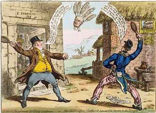 Political Amusements for Young Gentlemen or The Old Brentford Shuttlecock between Old Sarum and the Temple of St Steevens 2 Oil Painting - James Gillray