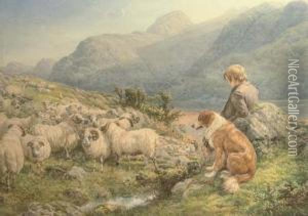 A Shepherd With His Dog And Flock By A Loch Oil Painting - Basil Bradley