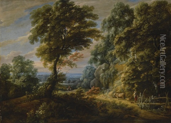 A Wooded Landscape With A Shepherdess Passing A Steep Bank, Probably On The Edge Of The Foret De Soignes Oil Painting - Jacques d' Arthois