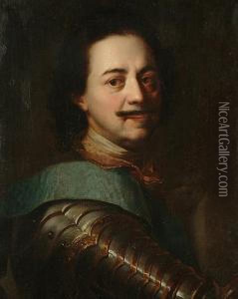 Portrait Bust-length Of Peter The Great, In Armour With A Blue Sash Oil Painting - Johann Kupetzki