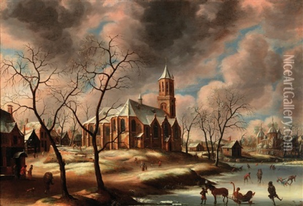 A Winter Landscape With Ice Skaters Oil Painting - Anthonie Beerstraaten