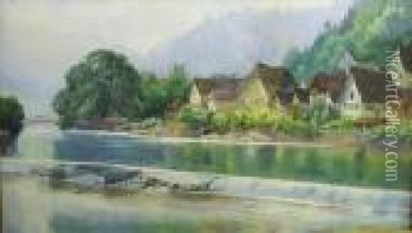 'gernsbach' Near Baden Baden, River View With Chalets Oil Painting - Helga Von Cramm