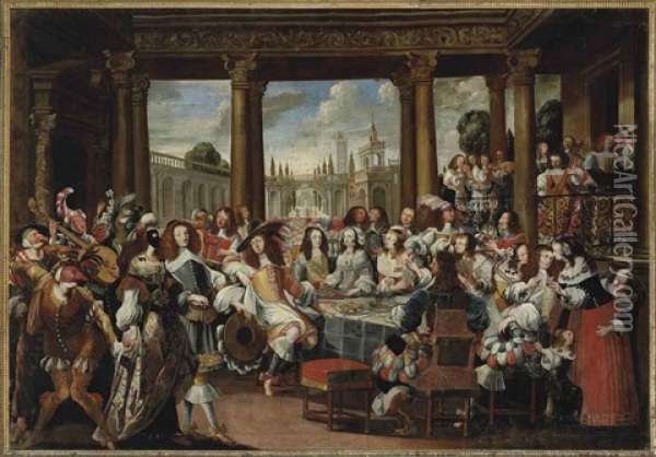 An Elegant Company At Table In A Loggia, With Commedia Dell'arte Zanies, Pickpockets And Musicians In A Mezzanine, An Italianate Palace Courtyard Beyond Oil Painting - Abraham Bosse