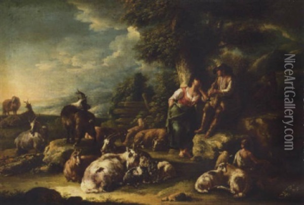 Landscape With A Shepherd Playing His Pipe And A Dairymaid, With Their Flock Oil Painting - Domenico Brandi