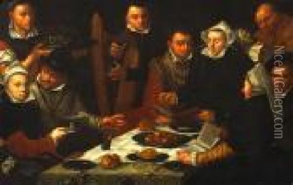 Numerous Figures Gathered Around A Table With A Gentleman Playing The Harp Oil Painting - Pieter Pietersz