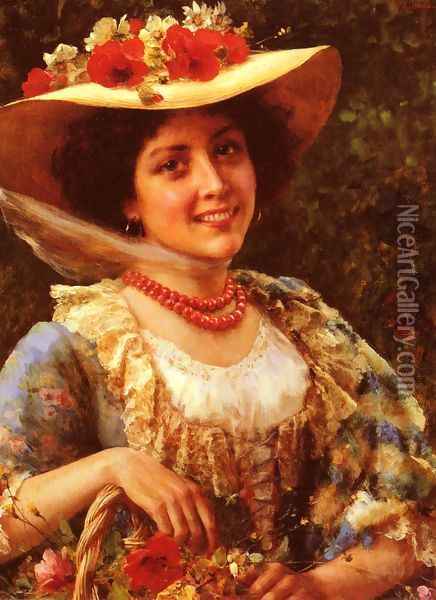 Cappello Di Paglia Papaveri (Straw Hat with Poppies) Oil Painting - Federico Andreotti