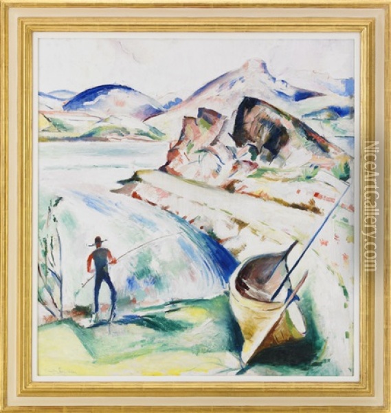 Fiskare I Fjallandskap, Abisko Oil Painting - Leander Engstroem the Elder