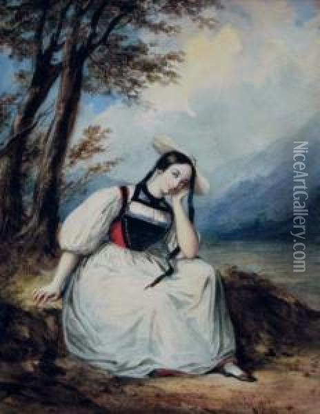 Swiss Peasant Girl Resting By A Tree Oil Painting - Alexandre-Marie Colin
